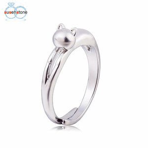 SUSENSTONE Silver Plated Sweet Cute Cat Kitten Open Ring Cat Kitten Jewelry Ring Original