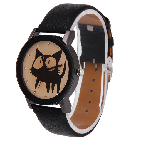 Cat Crystal Imitation Leather Quartz Wrist Watch